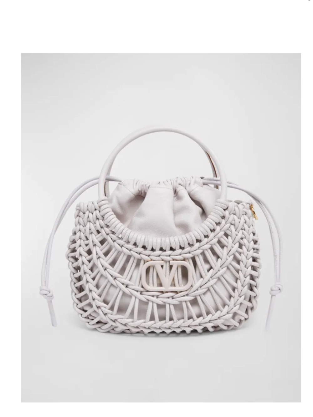 Valentino Garavani White Crochet Hobo Woven Top-Handle Drawstring Bag